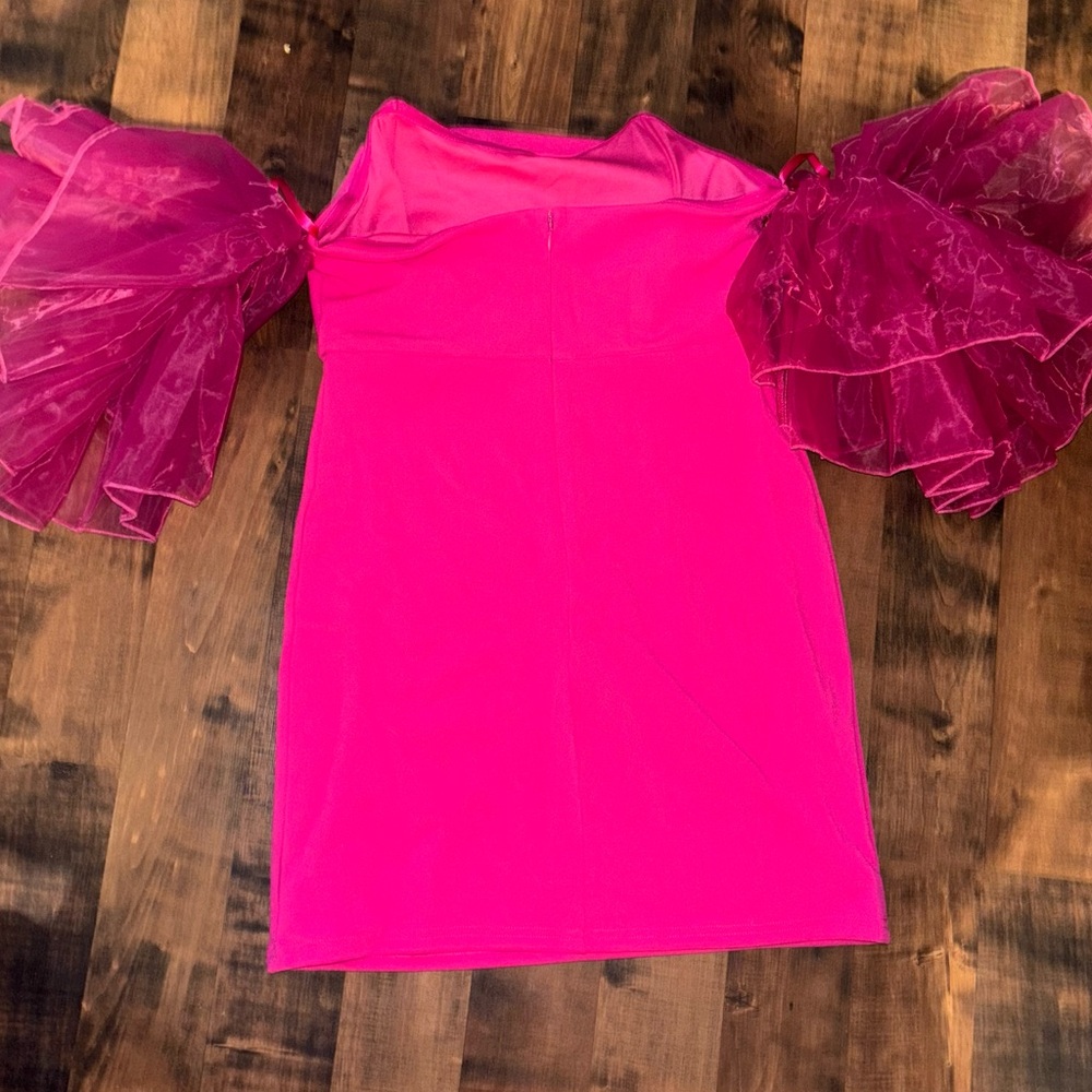 She + Sky Fuchsia Dress with Sheer Sleeves Pink Mini
